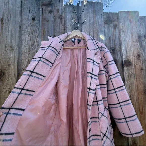 Retro Light Pink and Black Blue Plaid Longline Coat 🌿 - Picture 4 of 10